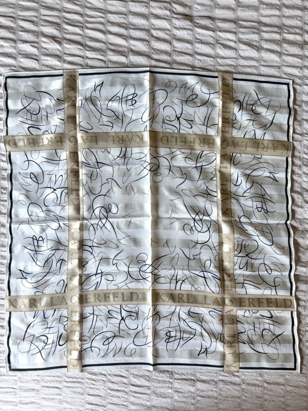 Karl Lagerfeld White Scarf with Black Script and Gold Bands